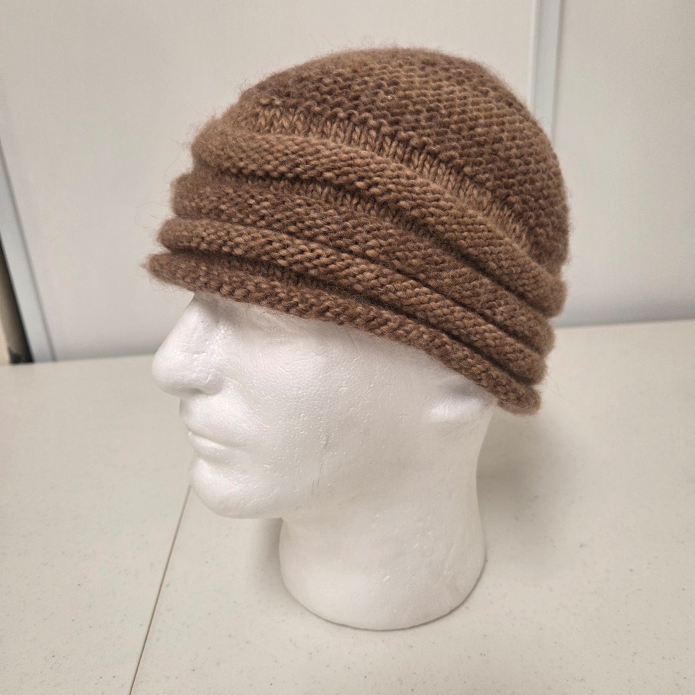 Brown Soft Alpaca Wool Blend Knit Beanie Cloche Hat Tiered Ribbed Skull Cap